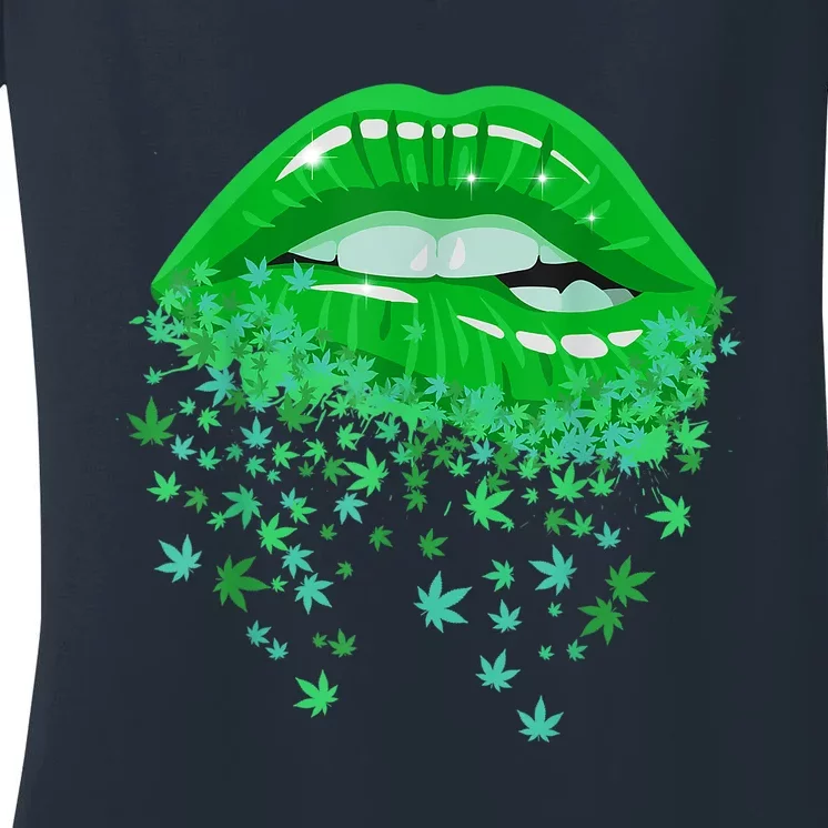 Sexy Lips 420 Cannabis Marijuana Weed Pot Leaf Lover Gift Women's V-Neck T-Shirt