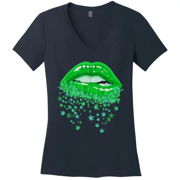 Sexy Lips 420 Cannabis Marijuana Weed Pot Leaf Lover Gift Women's V-Neck T-Shirt