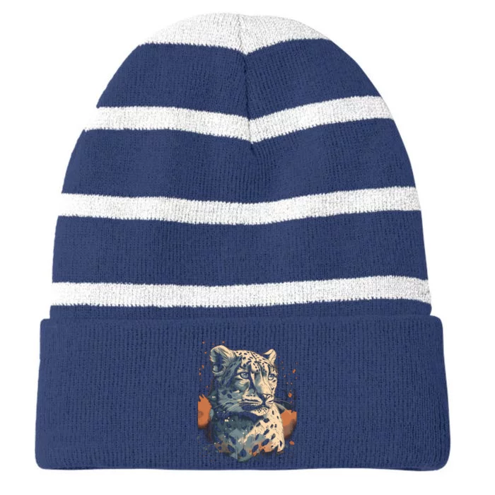 Snow Leopard Animal Retro Style Graphic Tees for Striped Beanie with Solid Band