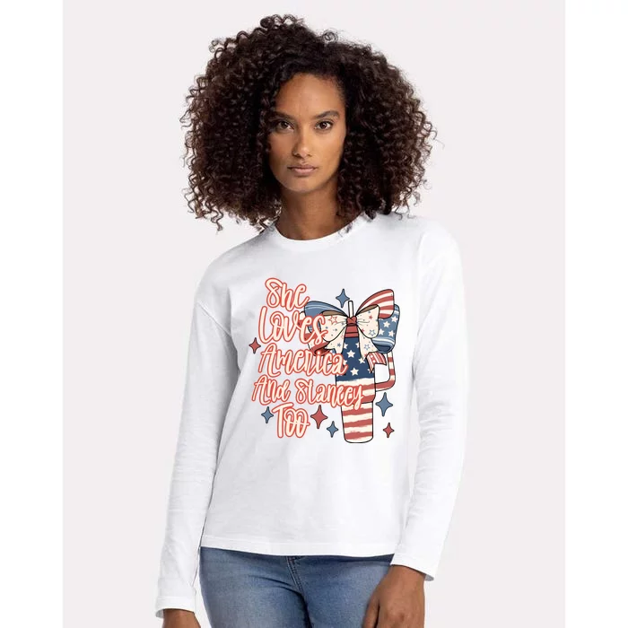 She Loves America And Stanley Too Womens Cotton Relaxed Long Sleeve T-Shirt