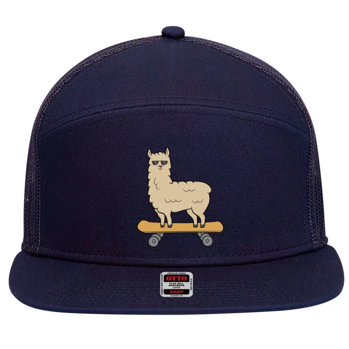 Skateboarding Llama Alpaca Skateboard Llama Gift 7 Panel Mesh Trucker Snapback Hat