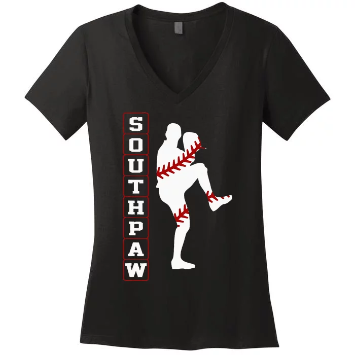 Southpaw Lefty Baseball Left Handed Funny Pitcher Player Fan Women's V-Neck T-Shirt