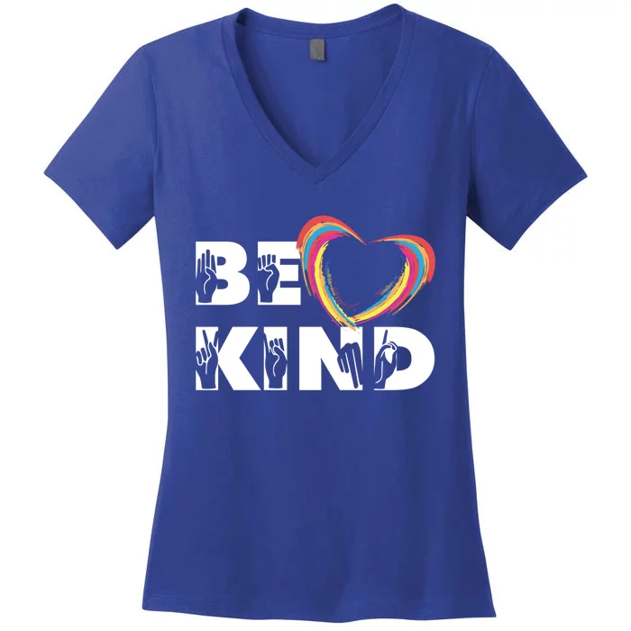 Sign Language Be Kind Graphic Asl Deaf Love Gift Women's V-Neck T-Shirt