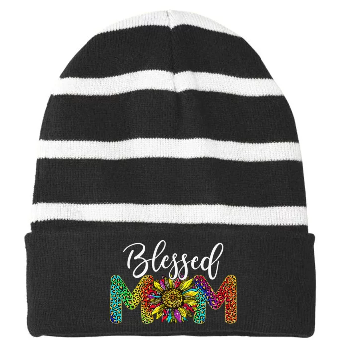 Sunflower Leopard Blessed Mom Life gift Mother's Day Striped Beanie with Solid Band