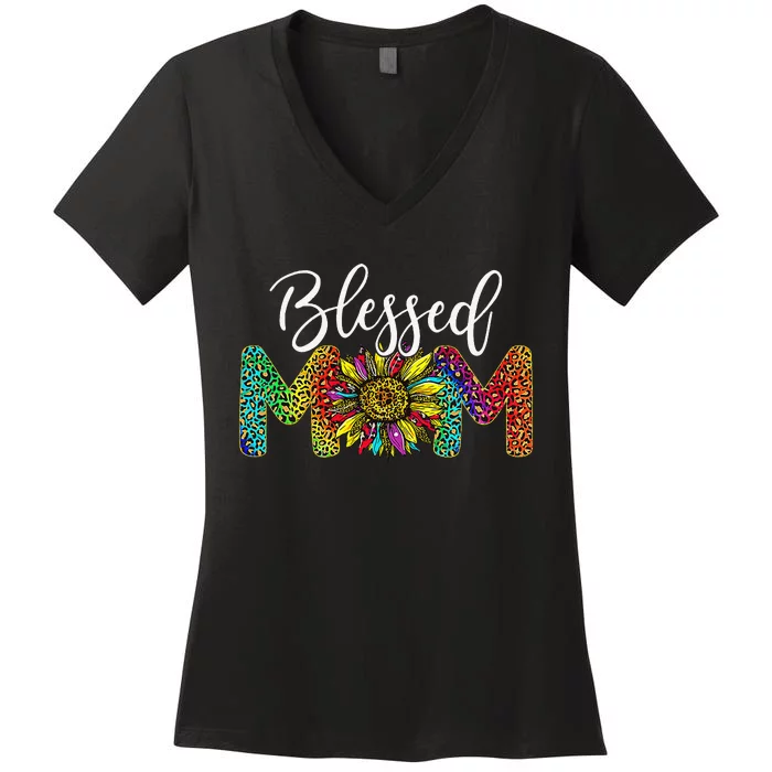 Sunflower Leopard Blessed Mom Life gift Mother's Day Women's V-Neck T-Shirt