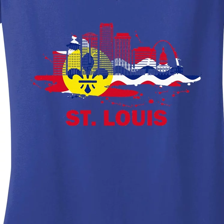 St. Louis City Flag Downtown Skyline St. Louis Skyline Women's V-Neck T-Shirt