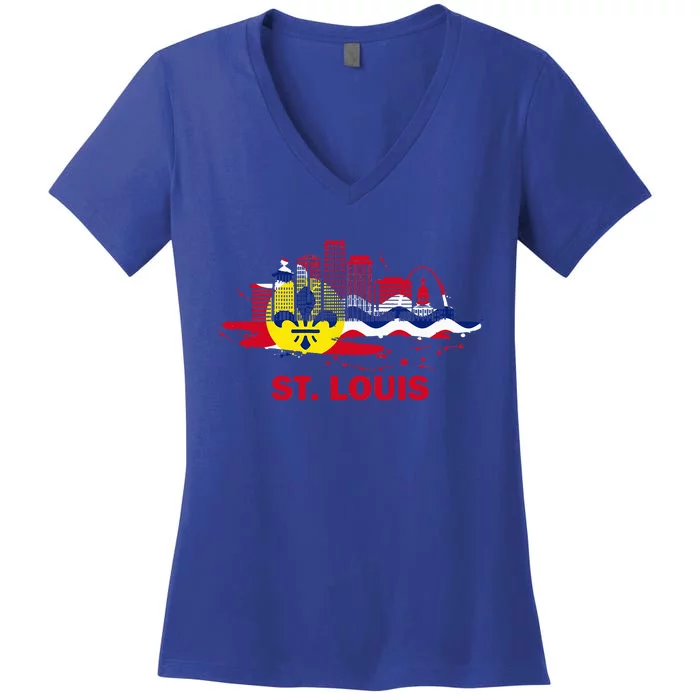 St. Louis City Flag Downtown Skyline St. Louis Skyline Women's V-Neck T-Shirt