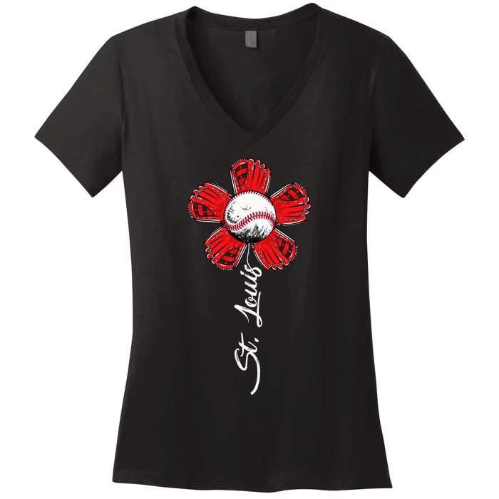 St. Louis Colorful Baseball Flower Souvenir I Love St. Louis Women's V-Neck T-Shirt