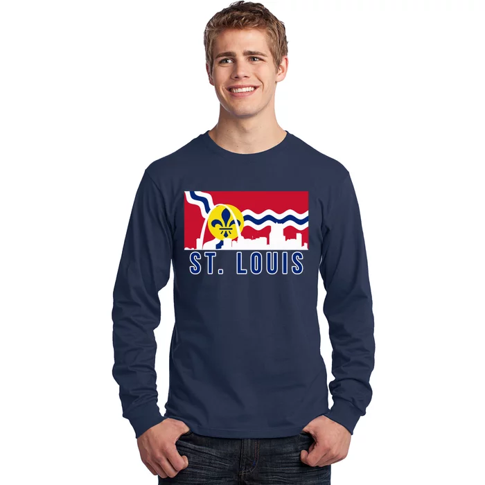 St. Louis City Skyline On St. Louis Fleur De Lis Flag Pullover Hoodie Long Sleeve Shirt