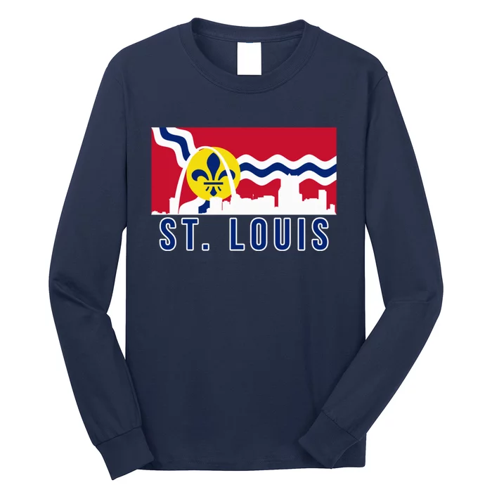 St. Louis City Skyline On St. Louis Fleur De Lis Flag Pullover Hoodie Long Sleeve Shirt