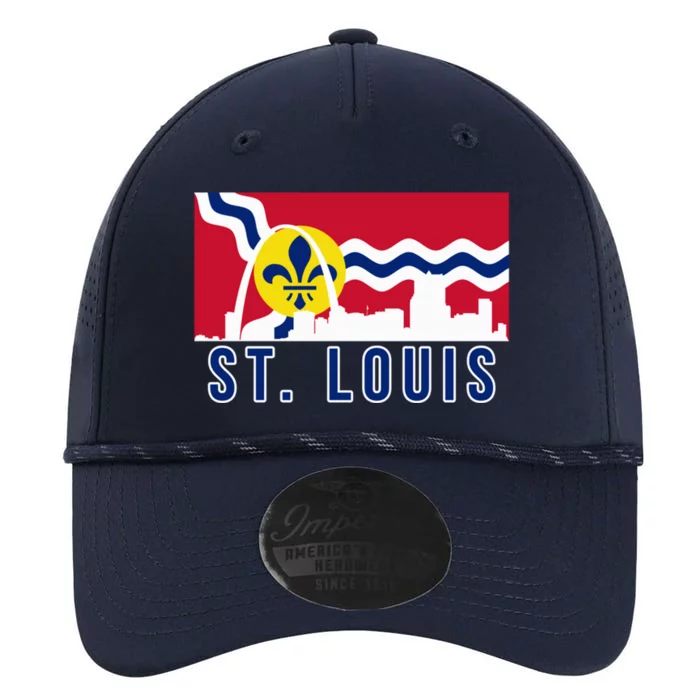 St. Louis City Skyline On St. Louis Fleur De Lis Flag Pullover Hoodie Performance The Dyno Cap