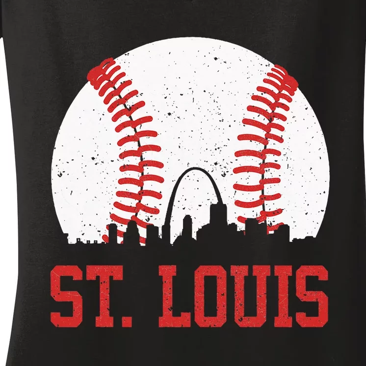 St. Louis Cityscape Vintage Baseball City Women's V-Neck T-Shirt