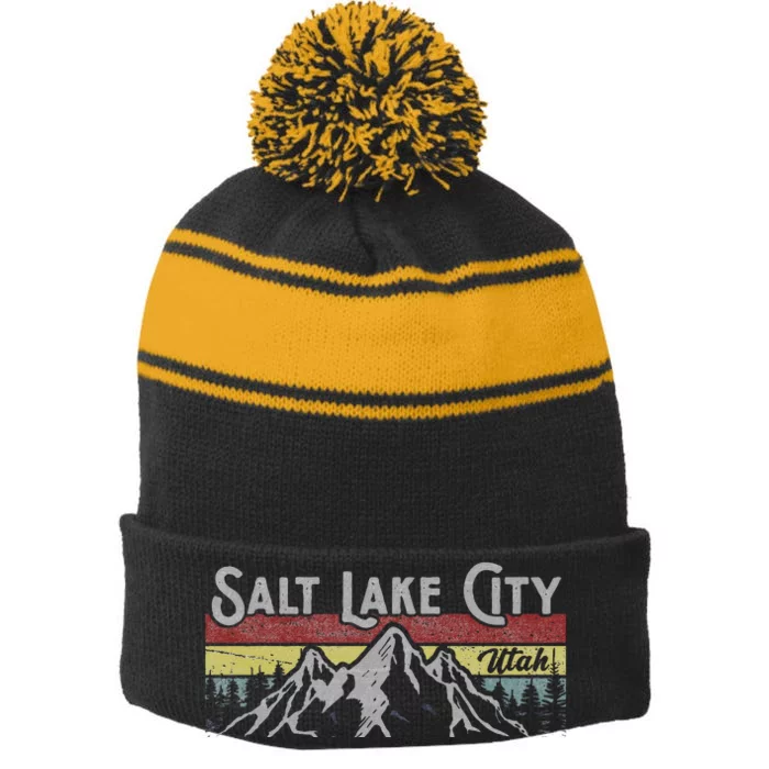 Salt Lake City Utah National Parks Mighty 5 Hiking Design Stripe Pom Pom Beanie