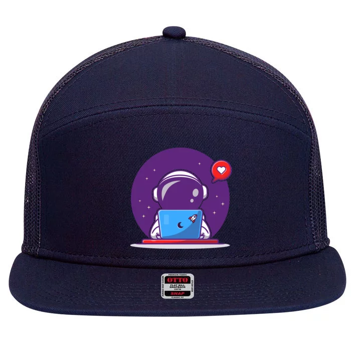 Sending Love, Cute Astronaut On A Laptop 7 Panel Mesh Trucker Snapback Hat