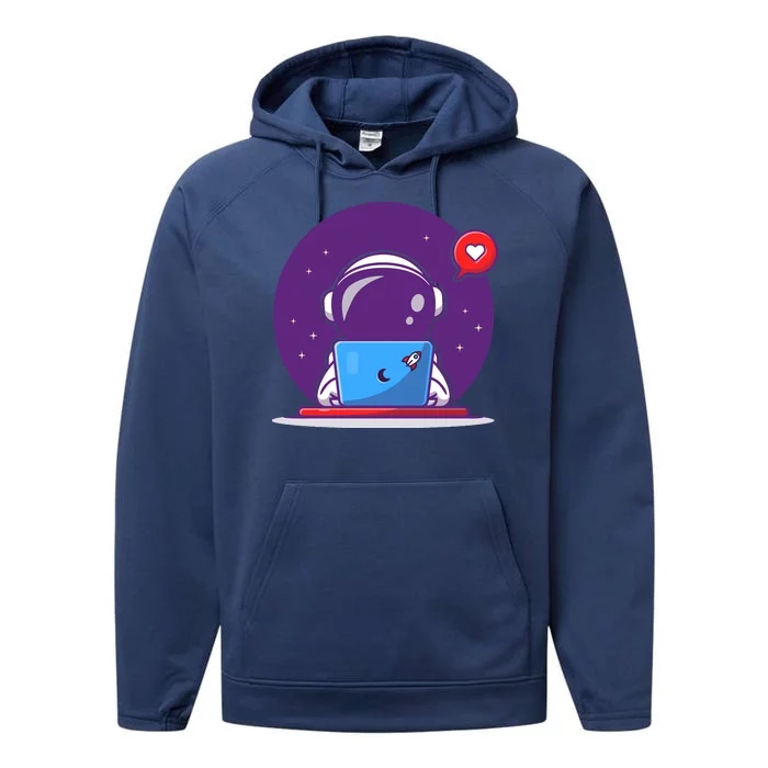 Sending Love, Cute Astronaut On A Laptop Performance Fleece Hoodie