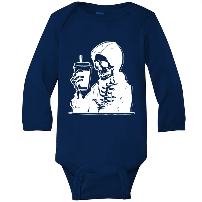 Skeleton Latte Coffee Cups Vintage Retro Halloween Party Funny Gift Baby Long Sleeve Bodysuit