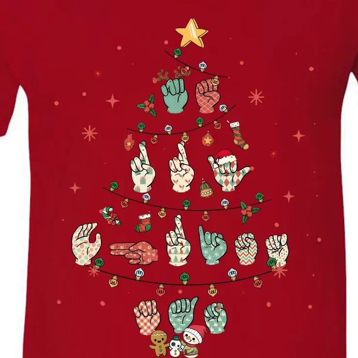 Sign Language Christmas Tree Merry Christmas Asl V-Neck T-Shirt