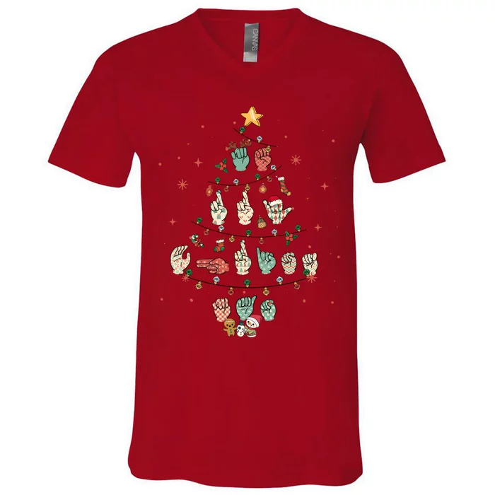 Sign Language Christmas Tree Merry Christmas Asl V-Neck T-Shirt