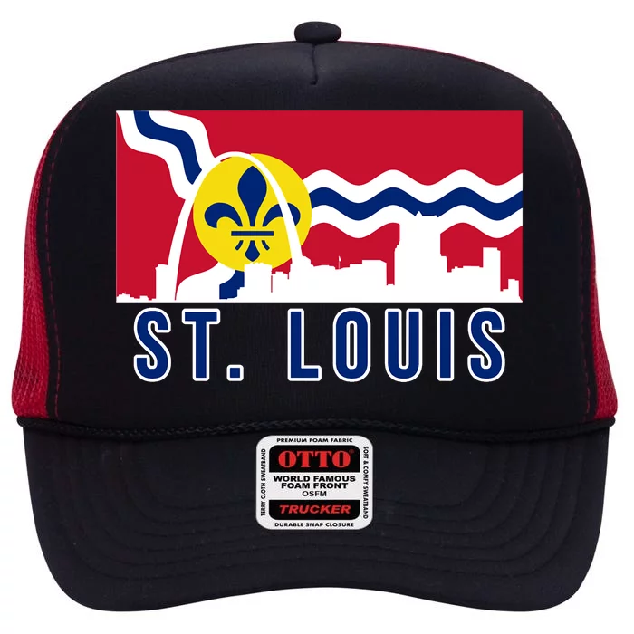 St. Louis City Skyline On St. Louis Fleur De Lis Flag High Crown Mesh Trucker Hat