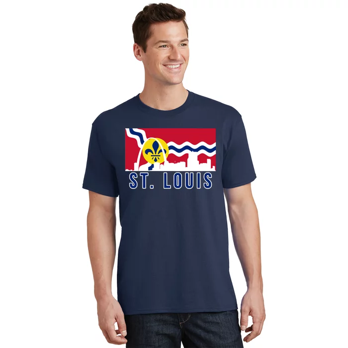 St. Louis City Skyline On St. Louis Fleur De Lis Flag T-Shirt