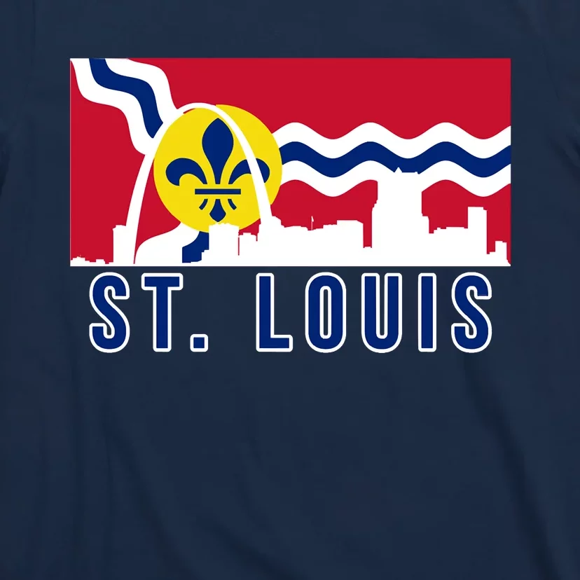 St. Louis City Skyline On St. Louis Fleur De Lis Flag T-Shirt