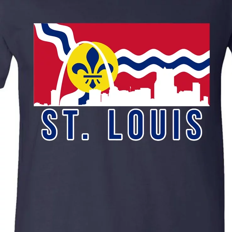 St. Louis City Skyline On St. Louis Fleur De Lis Flag V-Neck T-Shirt