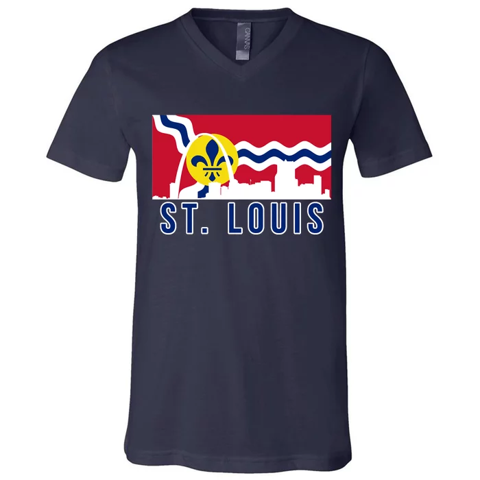 St. Louis City Skyline On St. Louis Fleur De Lis Flag V-Neck T-Shirt