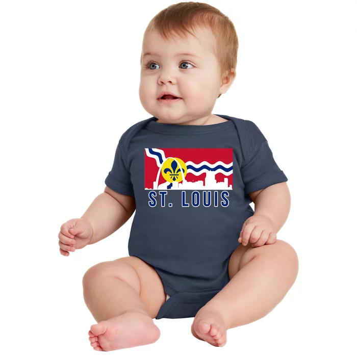 St. Louis City Skyline On St. Louis Fleur De Lis Flag Baby Bodysuit