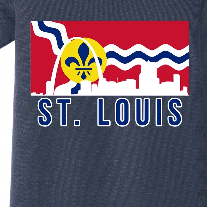 St. Louis City Skyline On St. Louis Fleur De Lis Flag Baby Bodysuit