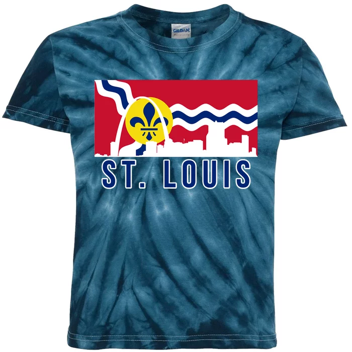 St. Louis City Skyline On St. Louis Fleur De Lis Flag Kids Tie-Dye T-Shirt