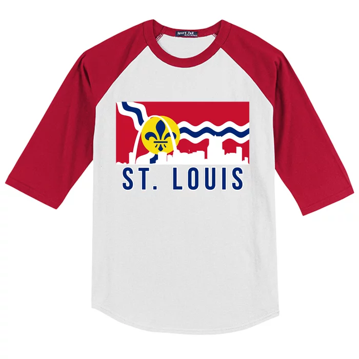 St. Louis City Skyline On St. Louis Fleur De Lis Flag Kids Colorblock Raglan Jersey