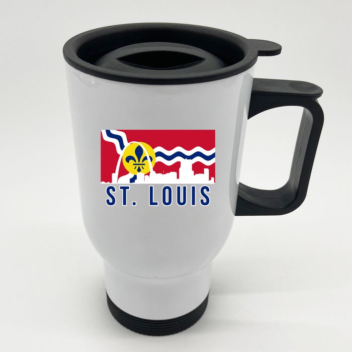 St. Louis City Skyline On St. Louis Fleur De Lis Flag Front & Back Stainless Steel Travel Mug