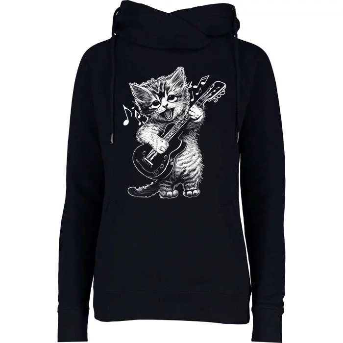 Sweet Little Cat Playing Electric Guitar, Cat Mom Premium Womens Funnel Neck Pullover Hood