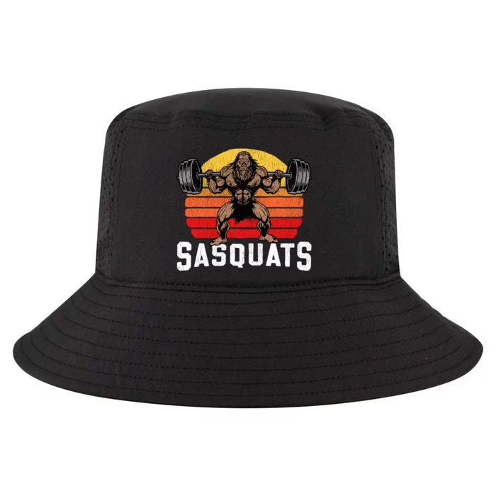 Sasquats Leg Day Weightlifting Bigfoot Squat Distressed 80s Cool Comfort Performance Bucket Hat