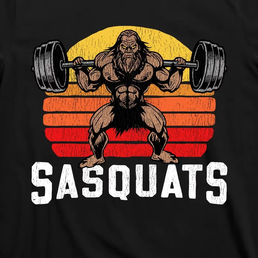 Sasquats Leg Day Weightlifting Bigfoot Squat Distressed 80s T-Shirt