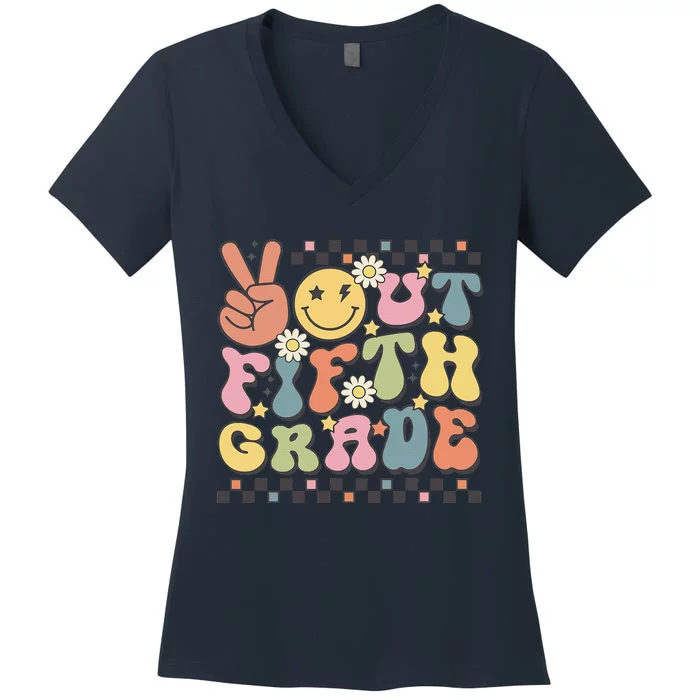 School Last Day Of 5th Grade Groovy Peace Out Fifth Grade Women's V-Neck T-Shirt