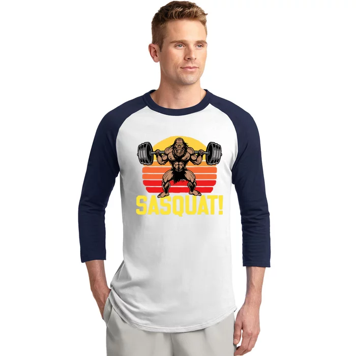 Sasquat! Leg Day Weightlifting Bigfoot Squat Funny Gym Baseball Sleeve Shirt