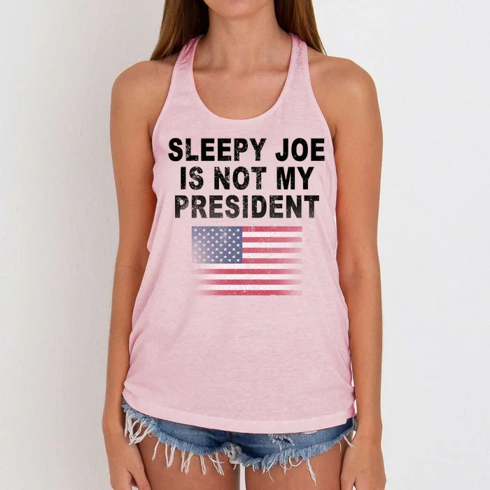 Sleepy Joe Is Not My President American Flag Women's Knotted Racerback Tank