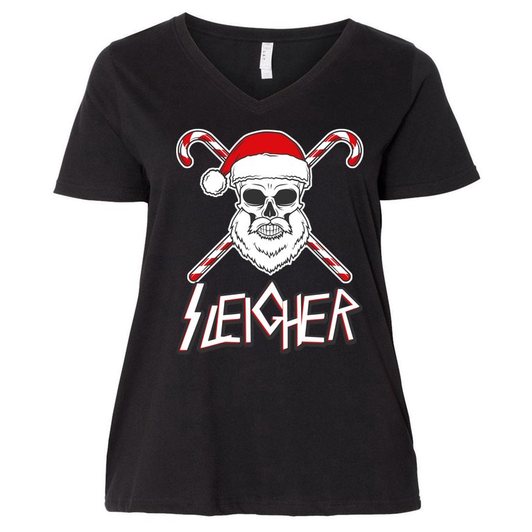 Sleigher Santa Candy Cane Skull Women's V-Neck Plus Size T-Shirt