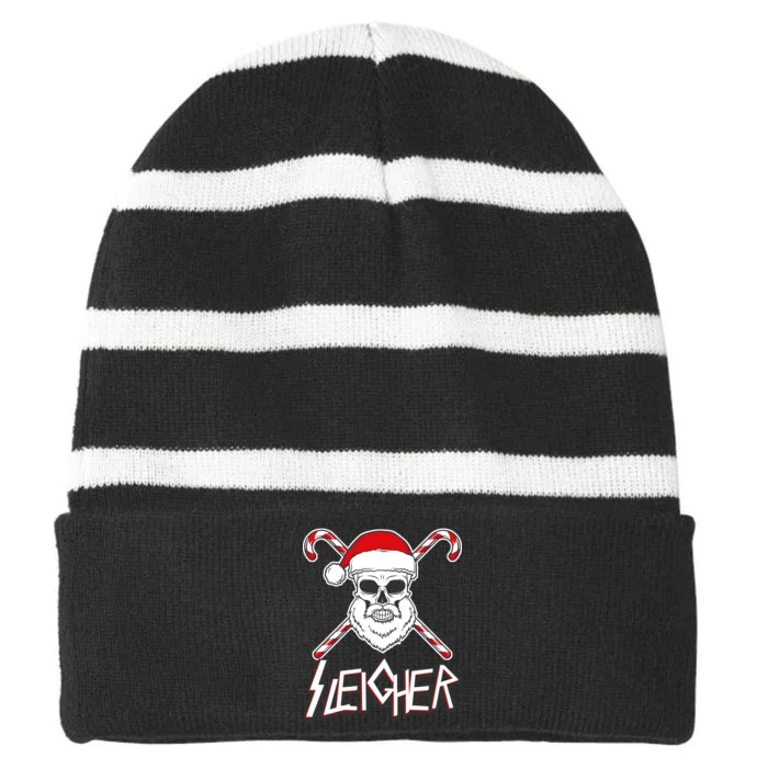 Sleigher Santa Candy Cane Skull Striped Beanie with Solid Band