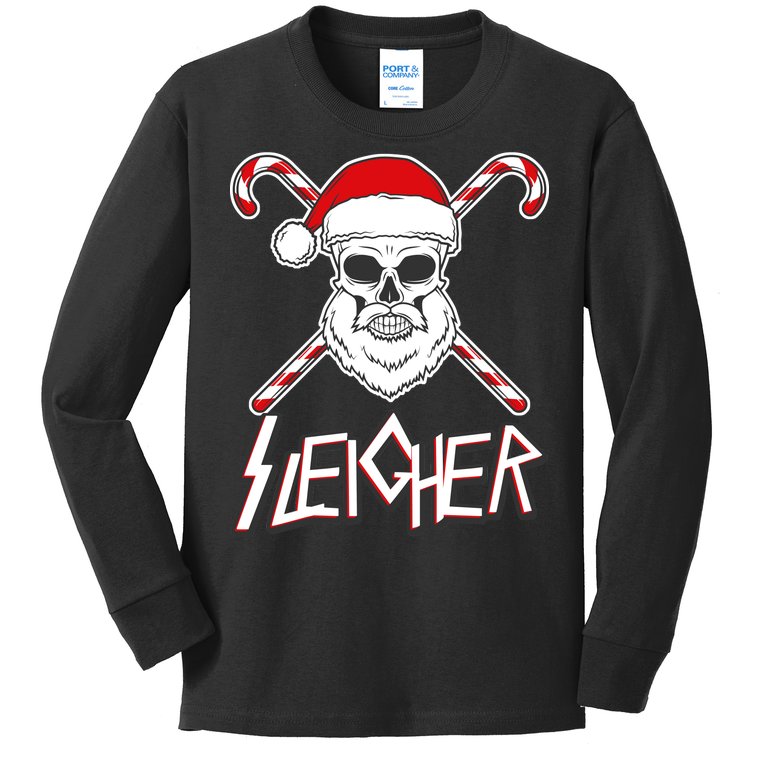 Sleigher Santa Candy Cane Skull Kids Long Sleeve Shirt