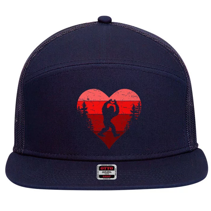 Sasquatch Love Heart Hand Retro Valentines Day Bigfoot 7 Panel Mesh Trucker Snapback Hat