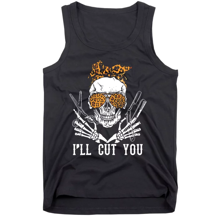 Skull Leopard Hairdresser ILl Cut You Halloween Tank Top