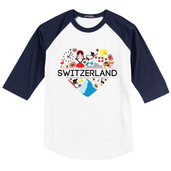 Switzerland Love Illustrated Swiss Symbol Alpine Baseball Sleeve Shirt