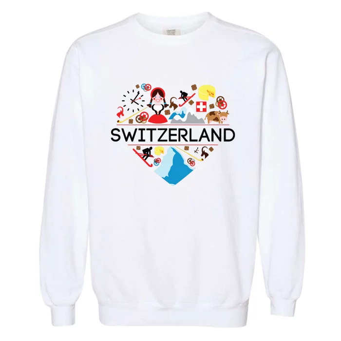 Switzerland Love Illustrated Swiss Symbol Alpine Garment-Dyed Sweatshirt