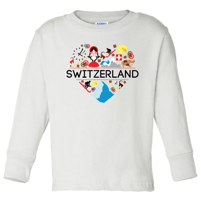 Switzerland Love Illustrated Swiss Symbol Alpine Toddler Long Sleeve Shirt