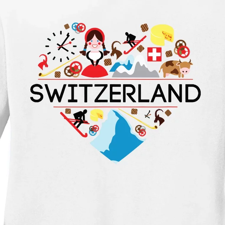 Switzerland Love Illustrated Swiss Symbol Alpine Ladies Long Sleeve Shirt