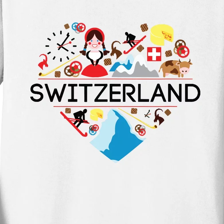 Switzerland Love Illustrated Swiss Symbol Alpine Kids Long Sleeve Shirt