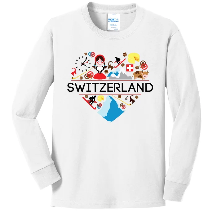 Switzerland Love Illustrated Swiss Symbol Alpine Kids Long Sleeve Shirt