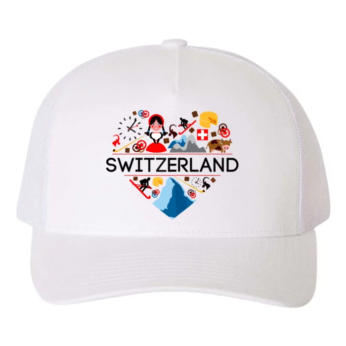 SWITZERLAND LOVE | | Illustrated Swiss Symbol, Alpine Yupoong Adult 5-Panel Trucker Hat